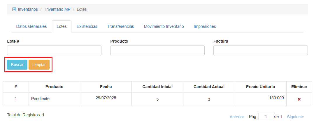 Vista de la pestaña Lotes con filtros