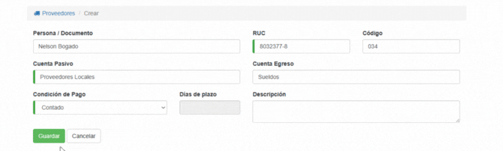 Formulario Proveedor