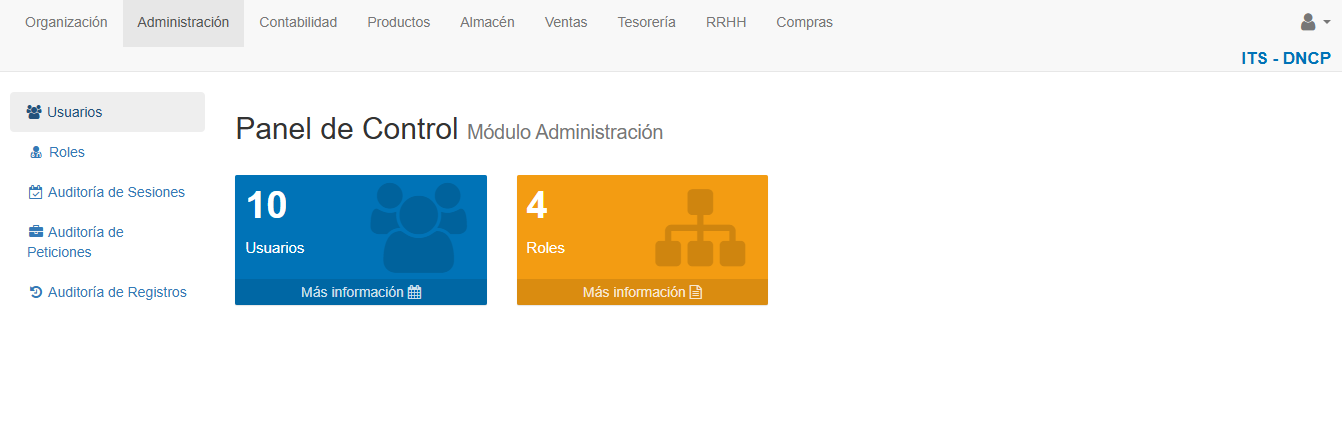 Pantalla principa de modulo Organizacion