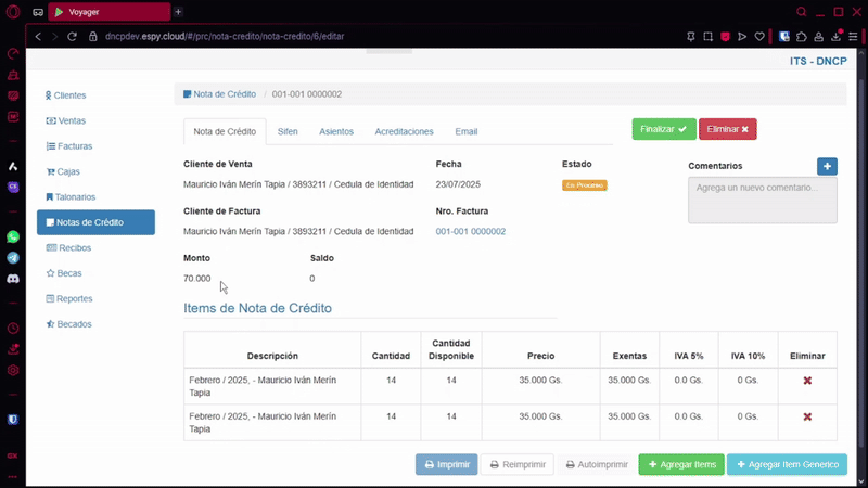 Interfaz Edición Nota de Crédito