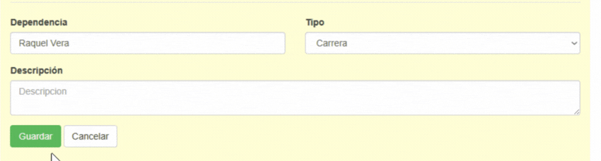 Formulario para crear nueva dependencia