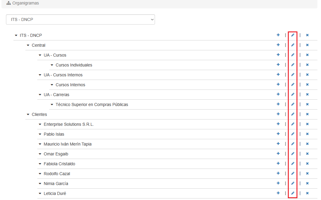 Vista del organigrama con ícono de editar