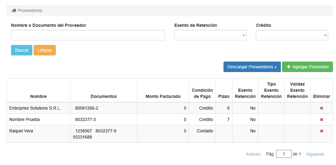 Listado de Proveedores