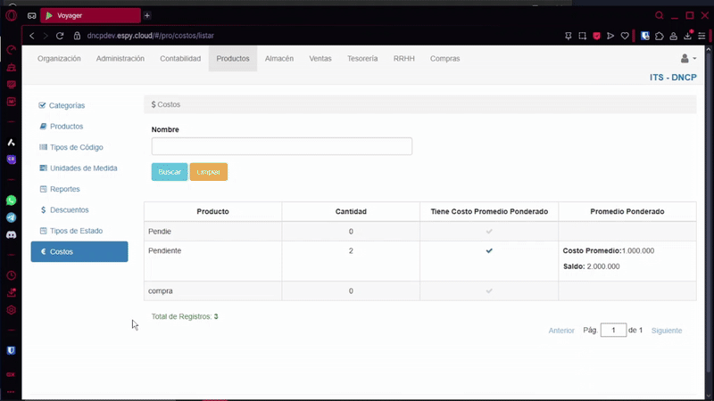 Formulario Editar Costo