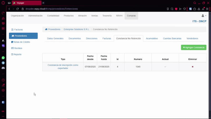 Agregar Constancia No Retención