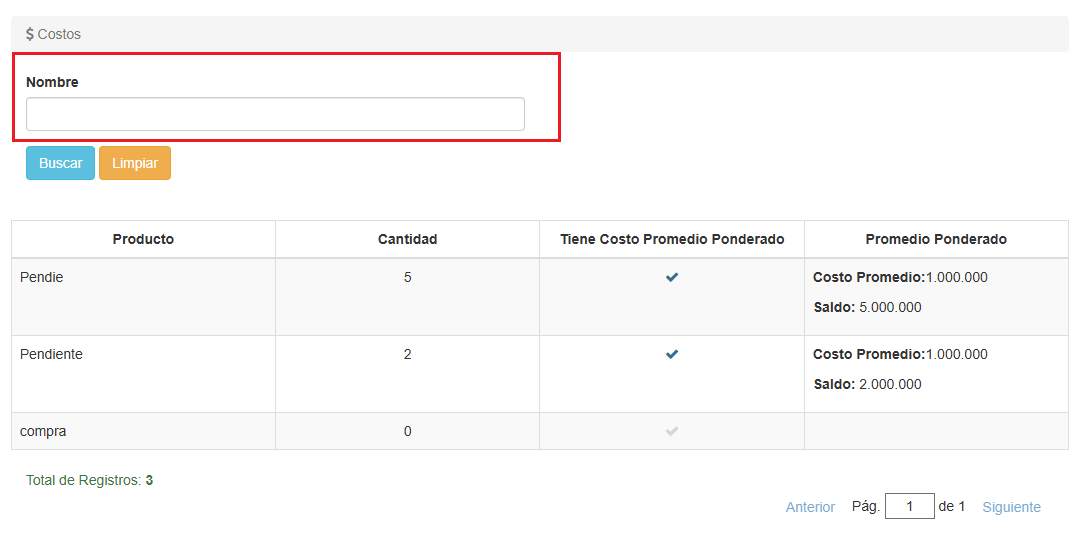 Filtro de Búsqueda Costos