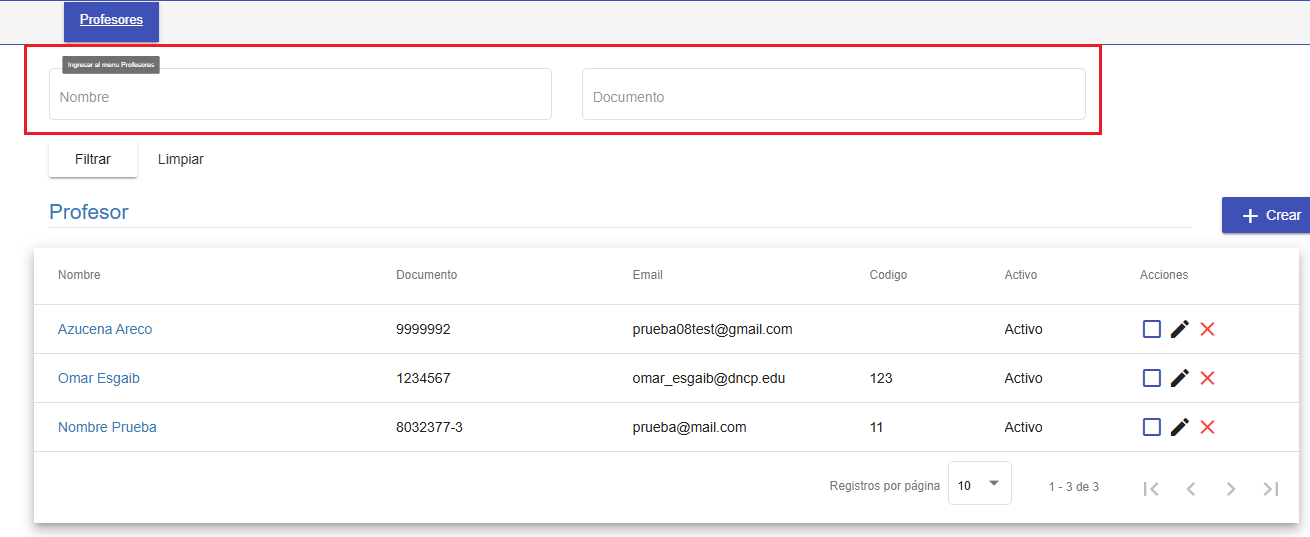 Filtros de Búsqueda de Profesores