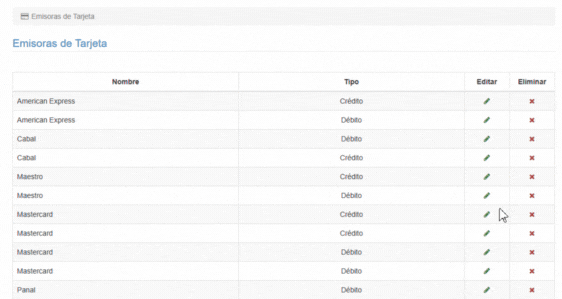 Editar Emisoras de Tarjeta