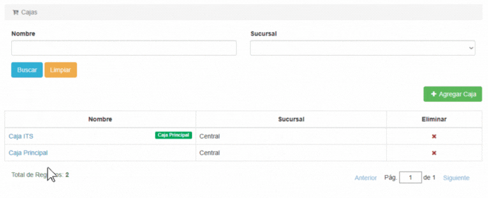 Vista de acceso a edición de caja
