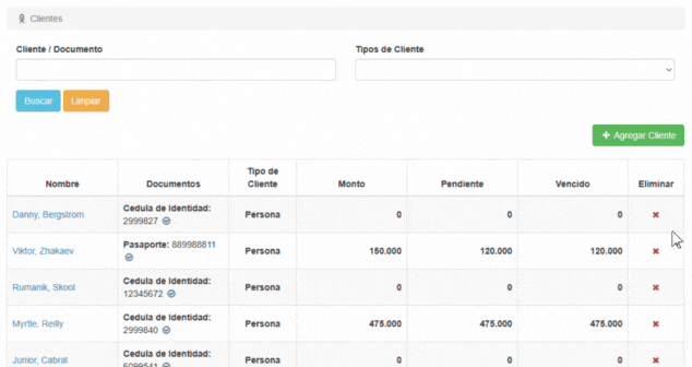 Opción de eliminar Cliente
