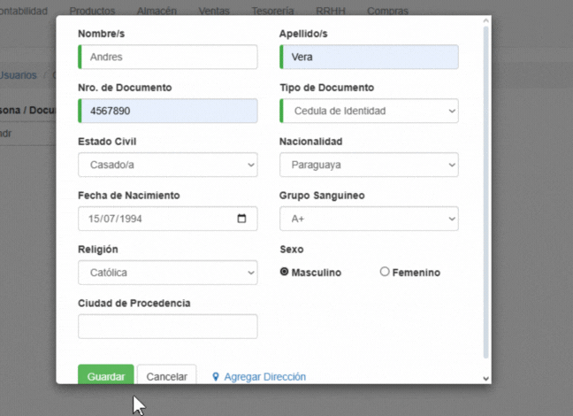 Crear Usuarios, formulario rellenado