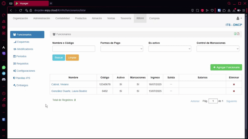 Filtrado de funcionarios