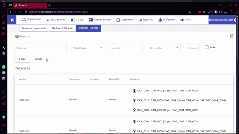 Filtros de búsqueda en Mantener Personas