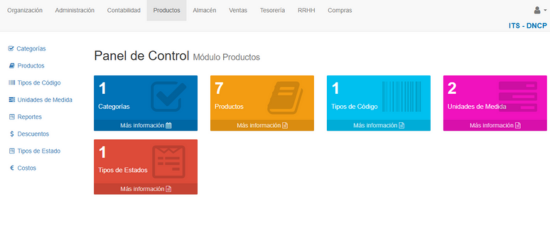 Pantalla principal del módulo Productos