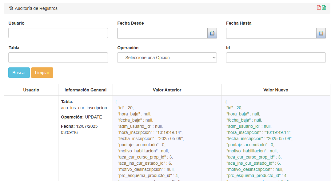 Listado Auditoría de Registros